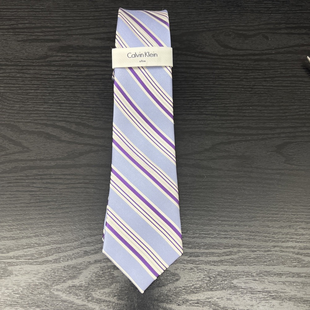 Calvin Klein 100% Silk Slim Purple Striped‎ Tie New With Tag